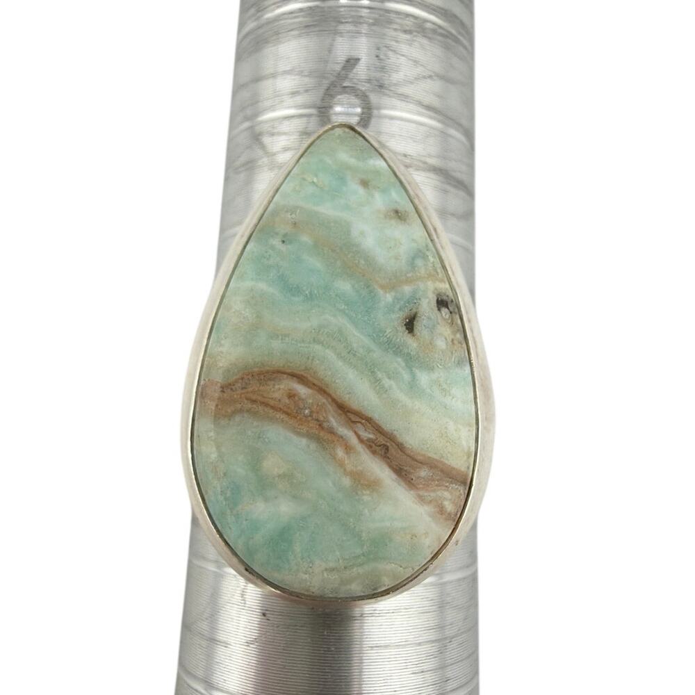 Pear-Shaped Blue Caribbean Calcite 925 Sterling Silver Ring Size 7.5
